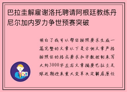 巴拉圭解雇谢洛托聘请阿根廷教练丹尼尔加内罗力争世预赛突破 巴拉圭解雇谢洛托聘请阿根廷教练丹尼尔加内罗力争世预赛突破